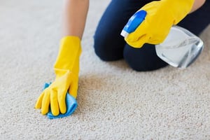 How To Remove Carpet Stains In Commercial Settings spraying water on carpet and blotting with cloth